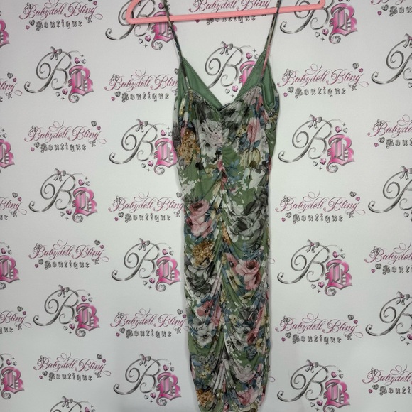 Mind code dress cinched stretchy mesh sexy flowers π Floral Green Dress - Picture 3 of 10